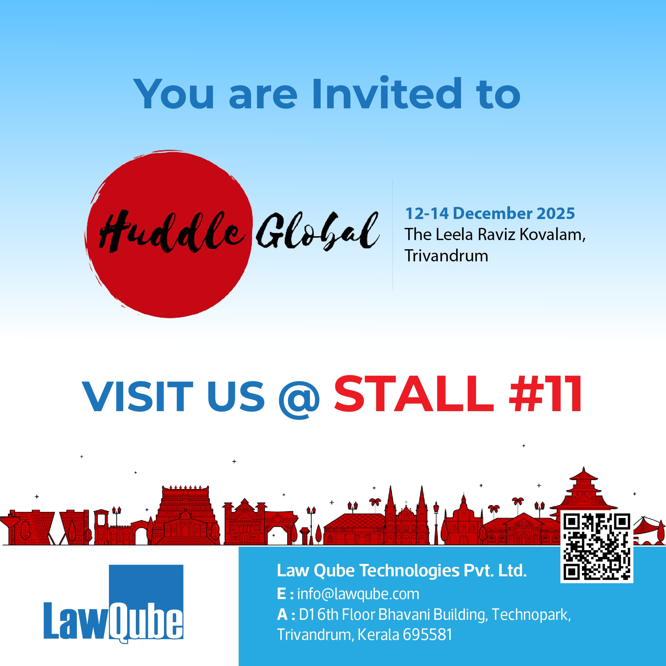 Invitation to visit Law Qube at stall 11, Huddle Global, 12 to 14 December 2025, Kovalam