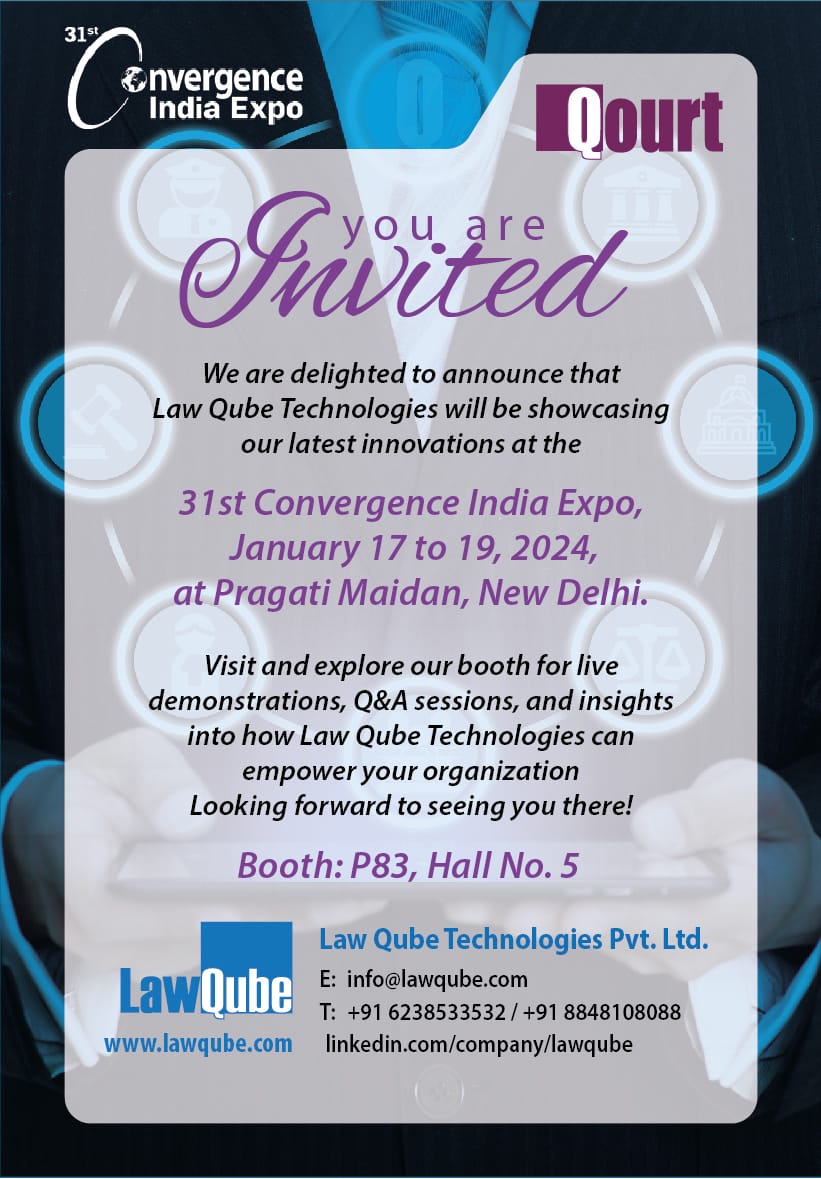 Invitation from Law Qube Technologies to the 31st Convergence India Expo, January 17 to 19, 2024, Pragati Maidan, New Delhi, booth P83, hall 5