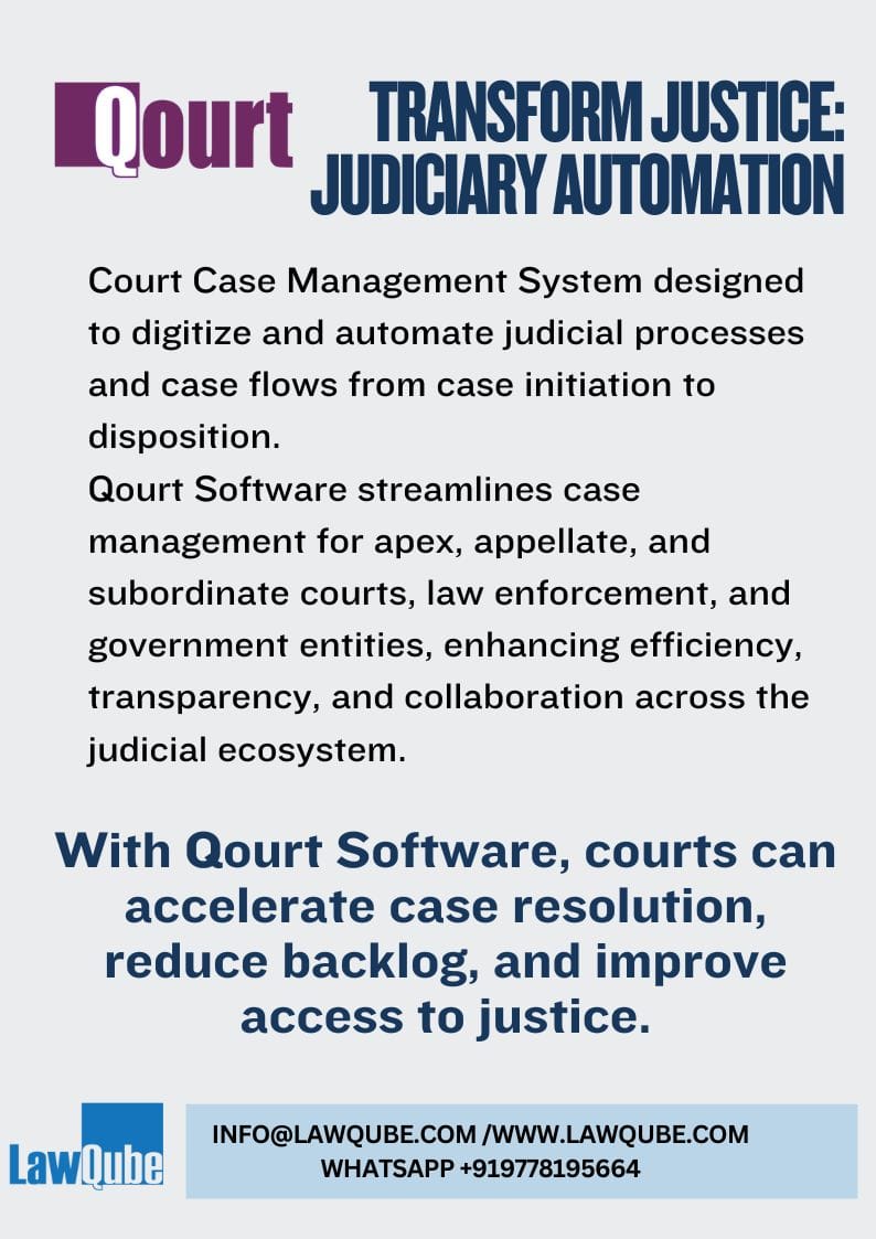 Qourt poster: Transform Justice, Judiciary Automation. Contact info@lawqube.com, www.lawqube.com
